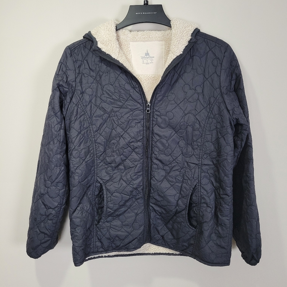 Disney Parks Mickey Mouse Black Quilted Puffer Hooded Sherpa Womens Jacket Sz M